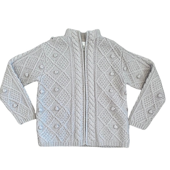 Hand Knit Gray Wool Crochet Chunky Knit Pom Pom Zip Textured Sweater - Picture 1 of 9